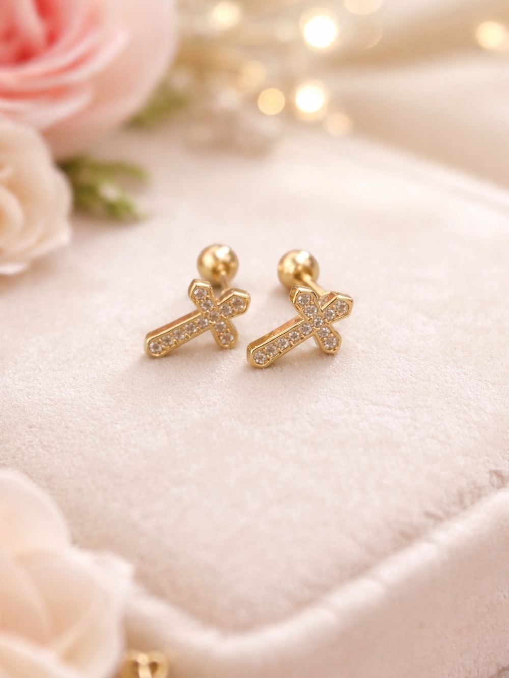 Dainty Gold Cross Stud Earrings with Crystal Accents